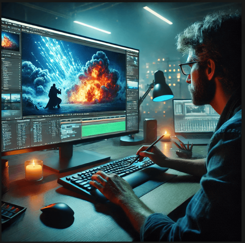 Person working on video editing with explosion scene on a computer monitor, desk illuminated by candlelight.