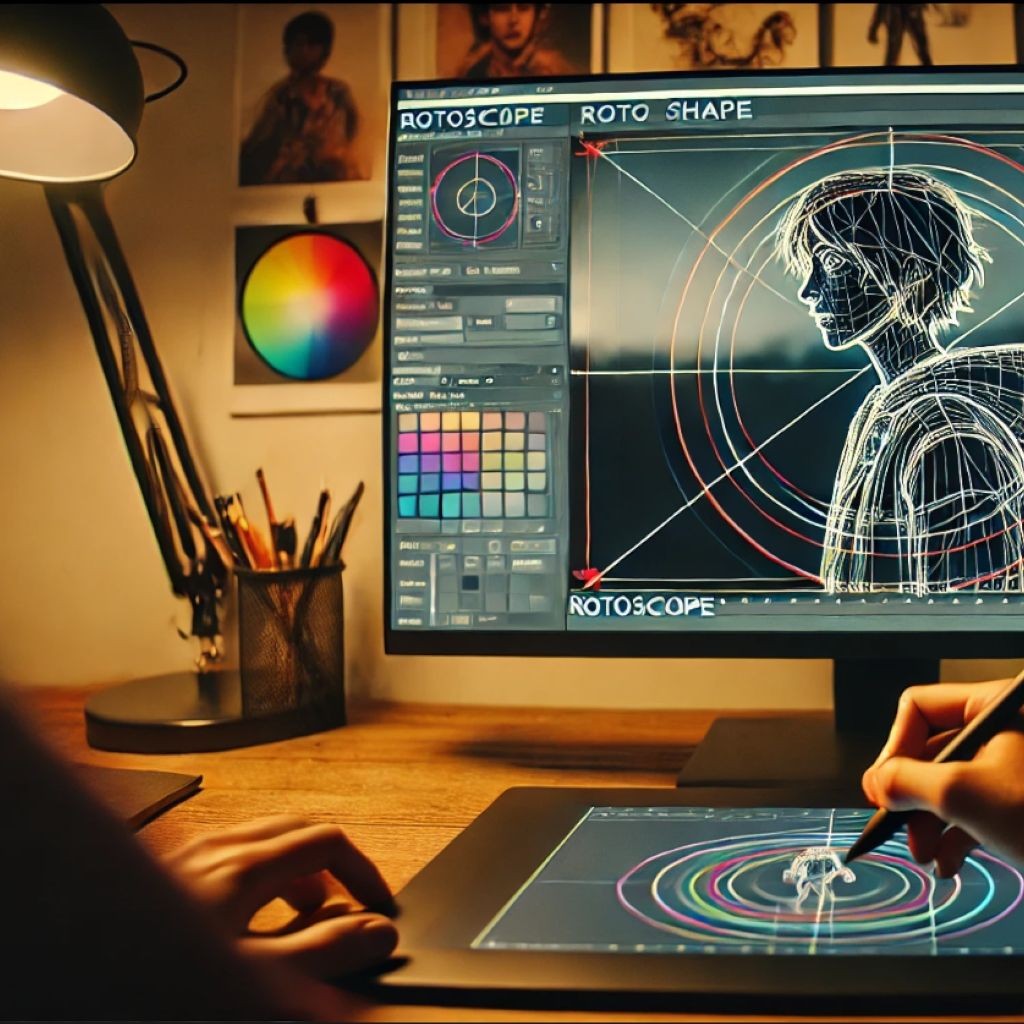 Person using digital tablet and stylus for rotoscope animation with monitor displaying outlined figure.